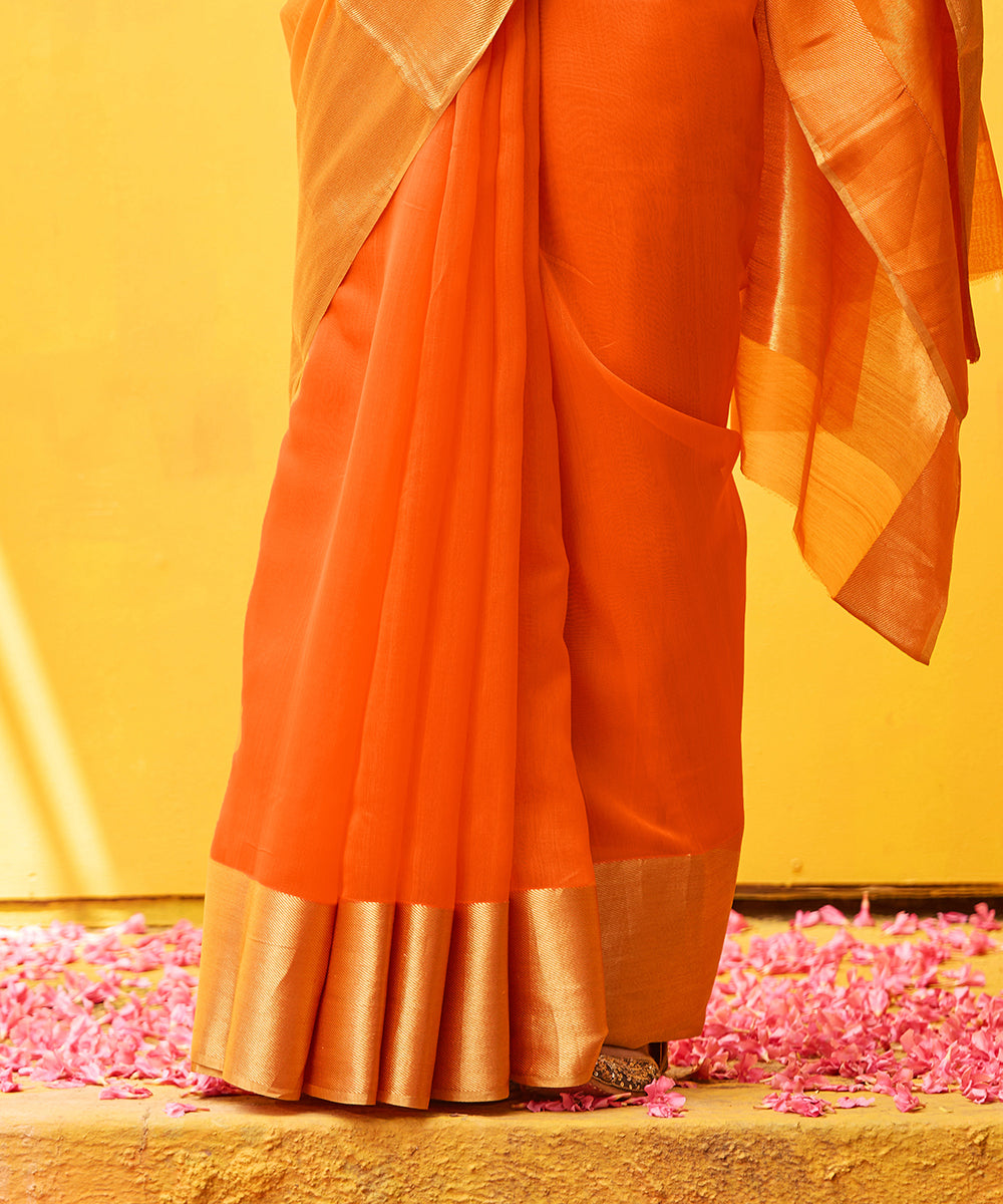 Orange_Handloom_Pure_Cotton_Silk_Chanderi_Saree_With_Zari_Border_WeaverStory_04