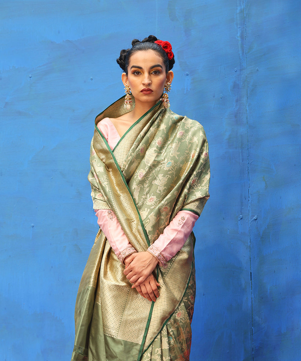 Sage_Green_Handloom_Pure_Katan_Silk_Shikargah_Banarasi_Saree_With_Meenakari_WeaverStory_01