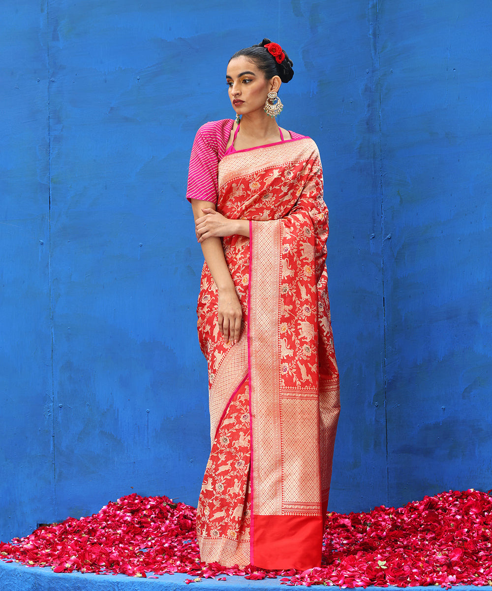 Red Saree with floral print blue blouse | Casual saree, Saree blouse  designs, Stylish sarees