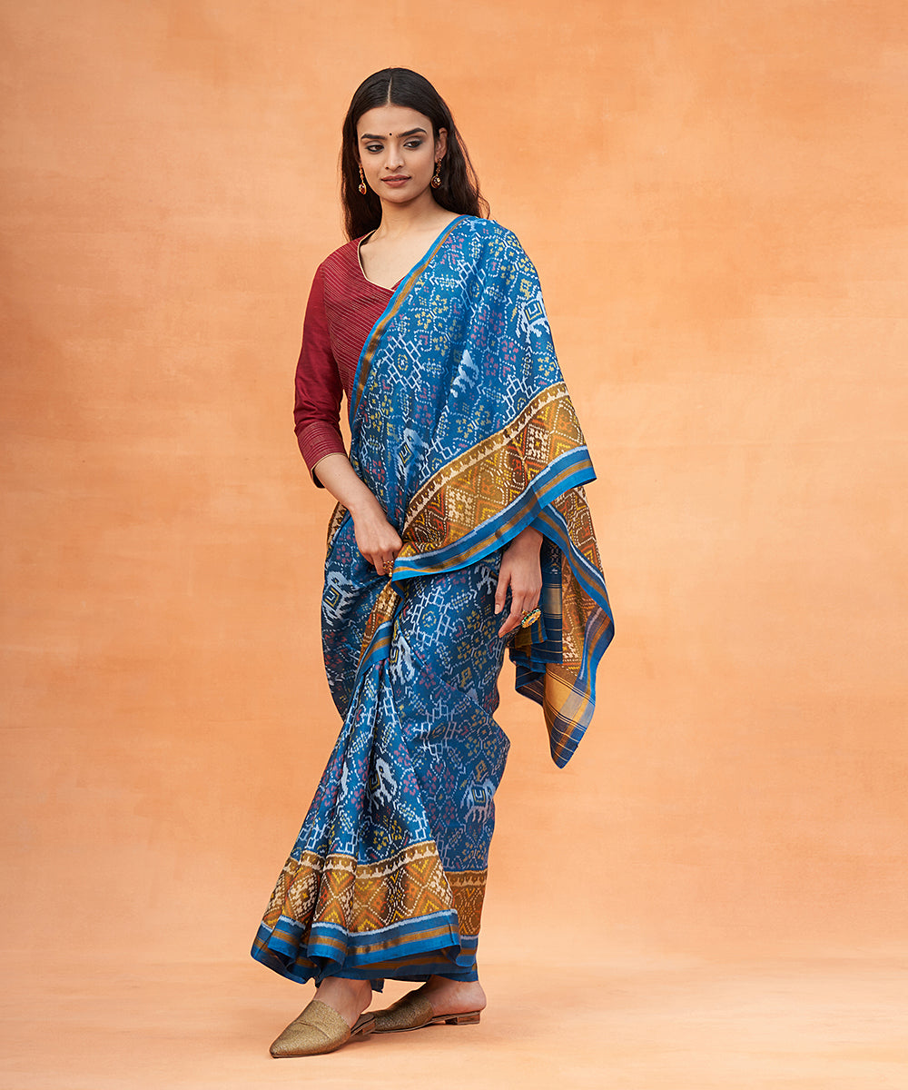 Cobalt_Blue_Handloom_Pure_Mulberry_Silk_Ikat_Patola_Saree_With_Mustard_Border_WeaverStory_02