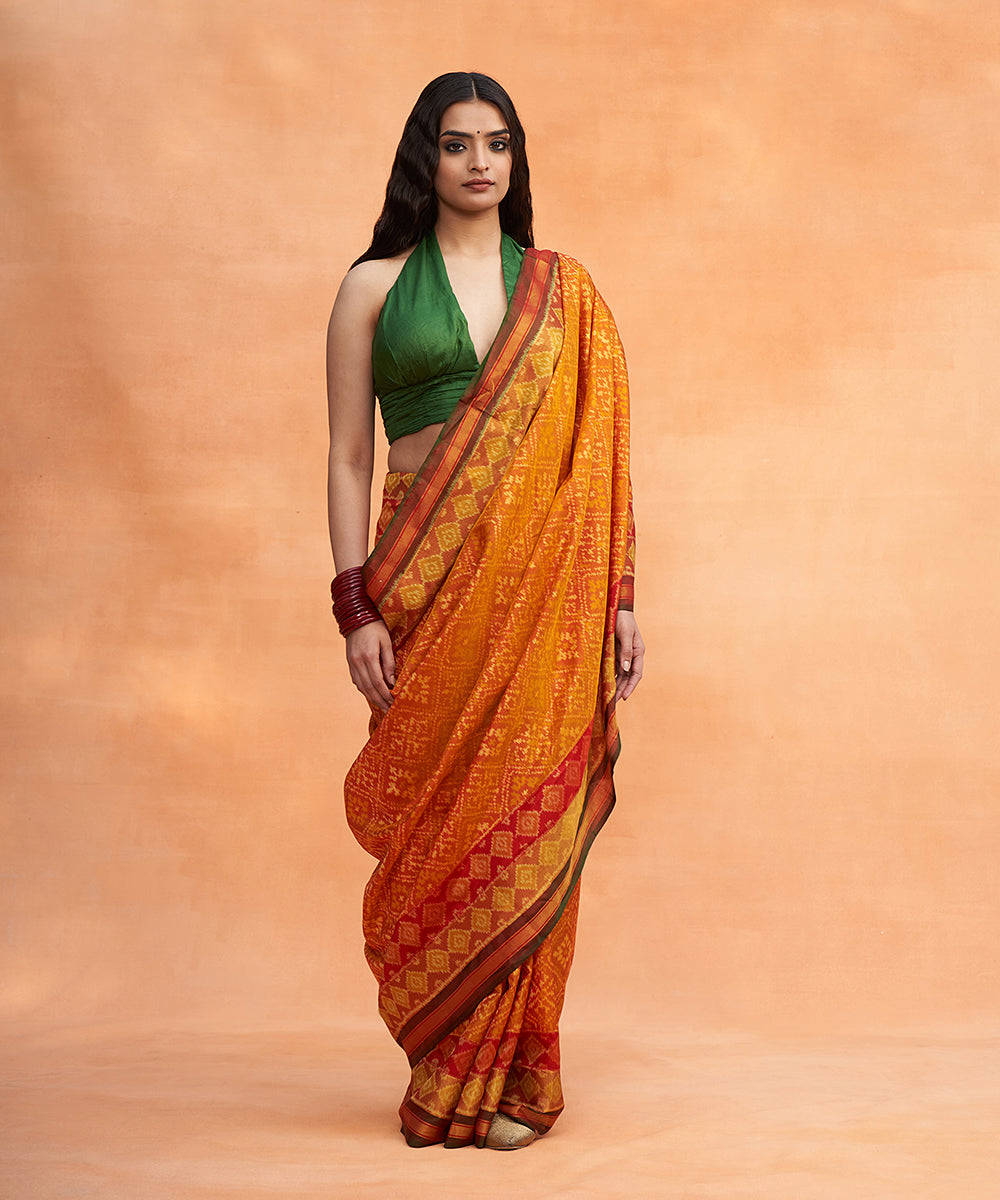 Red_And_Mustard_Handloom_Pure_Mulberry_Silk_Ikat_Patola_Saree_With_Green_Tissue_Border_WeaverStory_02