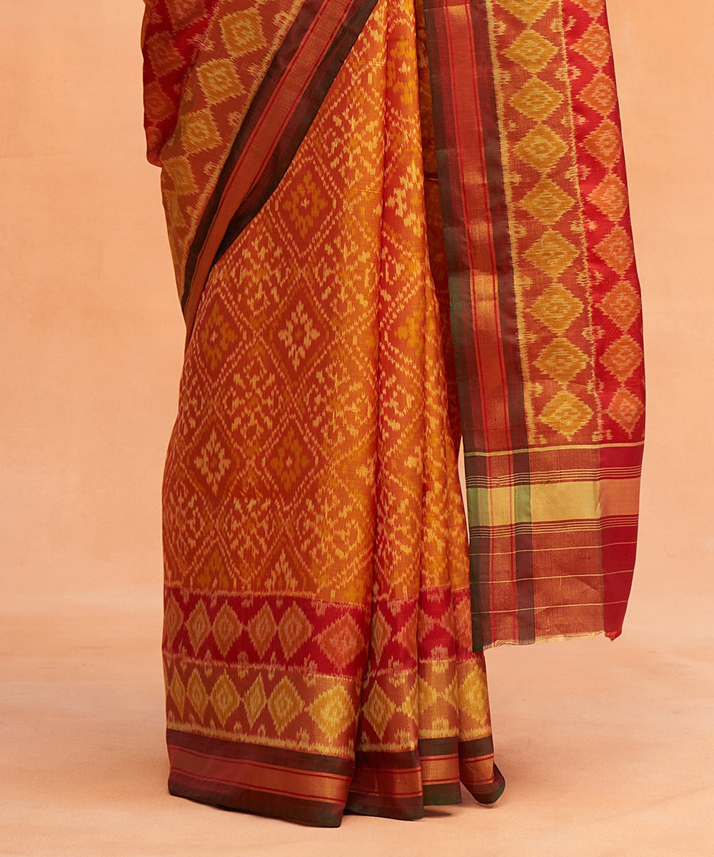 Red_And_Mustard_Handloom_Pure_Mulberry_Silk_Ikat_Patola_Saree_With_Green_Tissue_Border_WeaverStory_04