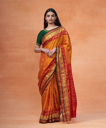 Handloom_Red_And_Mustard_Pure_Mulberry_Silk_Ikat_Patola_Saree_With_Green_Tissue_Border_WeaverStory_02
