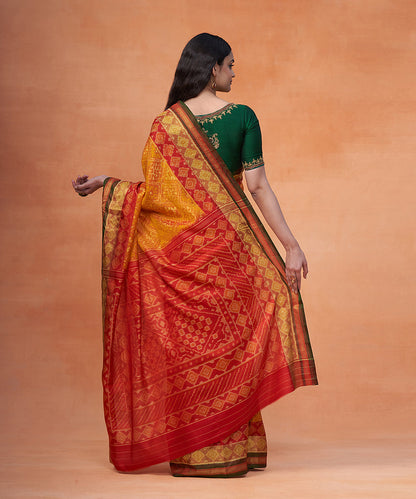 Handloom_Red_And_Mustard_Pure_Mulberry_Silk_Ikat_Patola_Saree_With_Green_Tissue_Border_WeaverStory_03