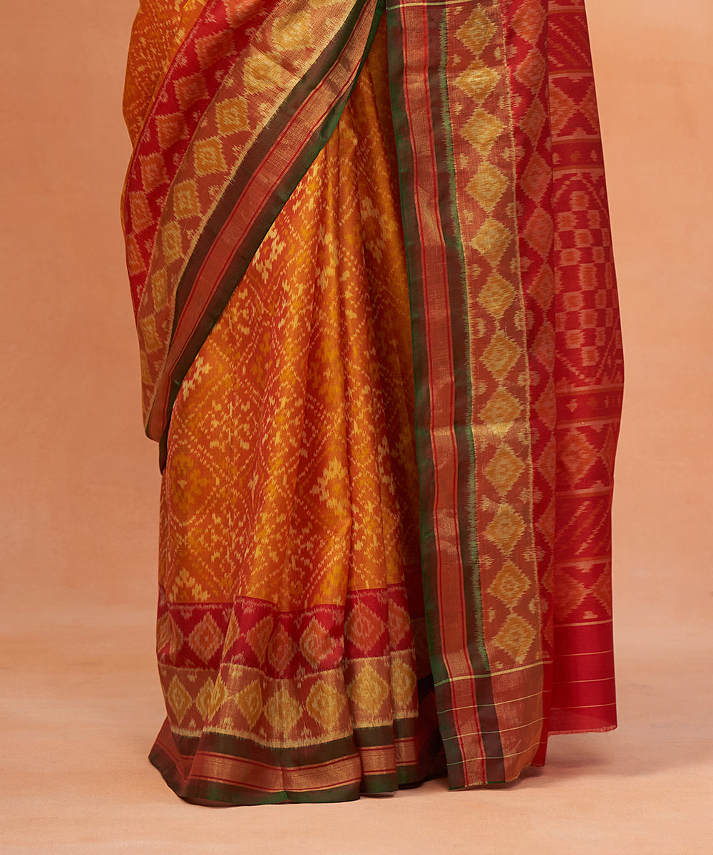 Handloom_Red_And_Mustard_Pure_Mulberry_Silk_Ikat_Patola_Saree_With_Green_Tissue_Border_WeaverStory_04