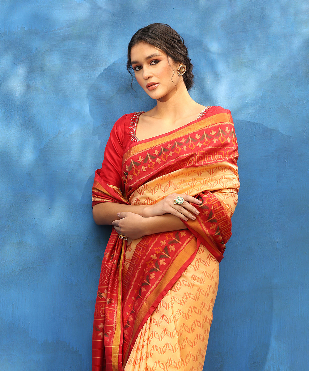 Beige_And_Red_Handloom_Pure_Mulberry_Silk_Ikat_Patola_Saree_With_Tissue_Border_WeaverStory_02