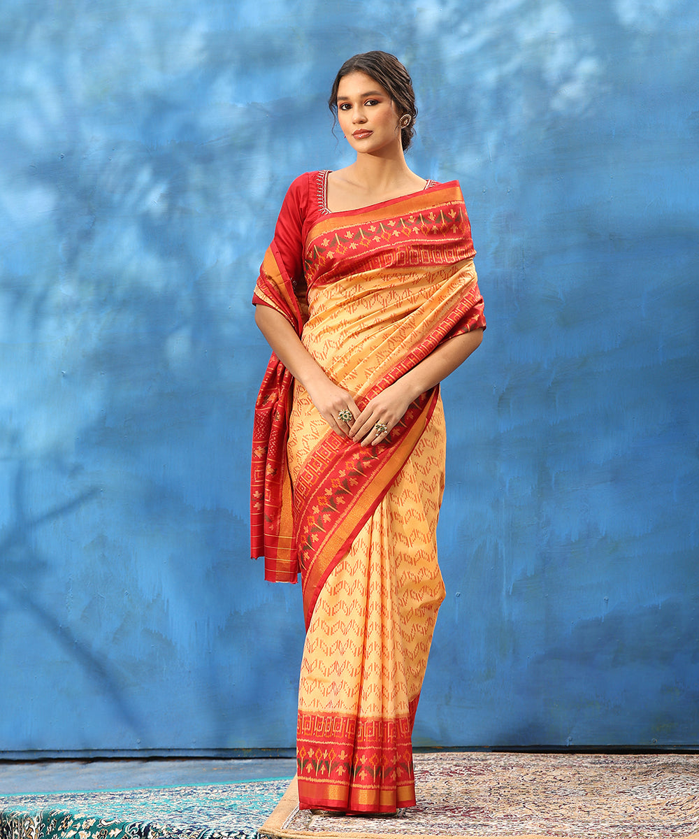 Beige_And_Red_Handloom_Pure_Mulberry_Silk_Ikat_Patola_Saree_With_Tissue_Border_WeaverStory_01