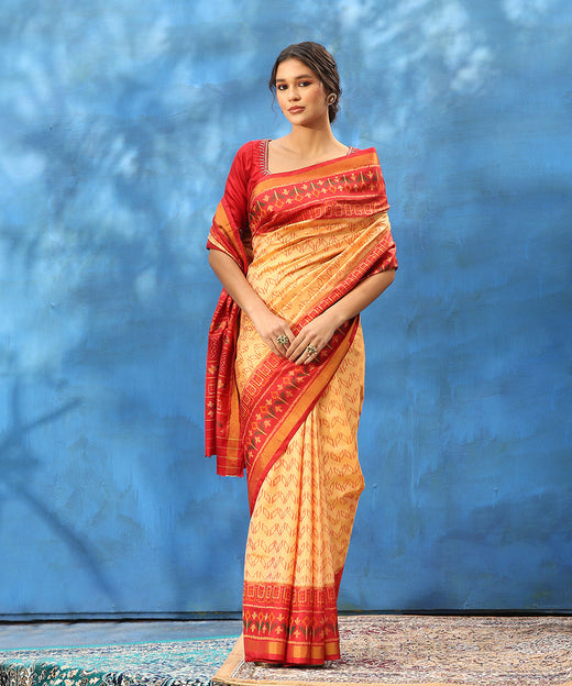 Beige And Red Handloom Pure Mulberry Silk Ikat Patola Saree With Tissue Border