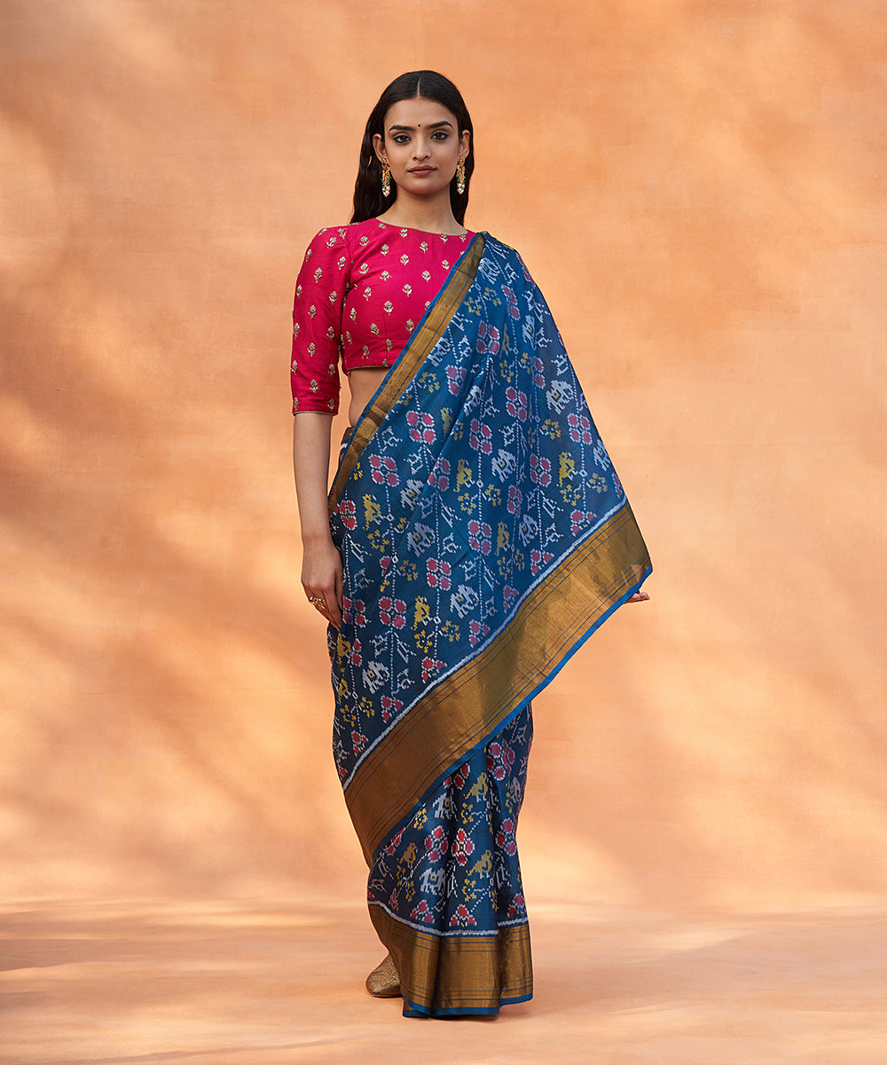 Handloom_Teal_Blue_Pure_Mulberry_Silk_Ikat_Patola_Saree_With_Tissue_Border_WeaverStory_02