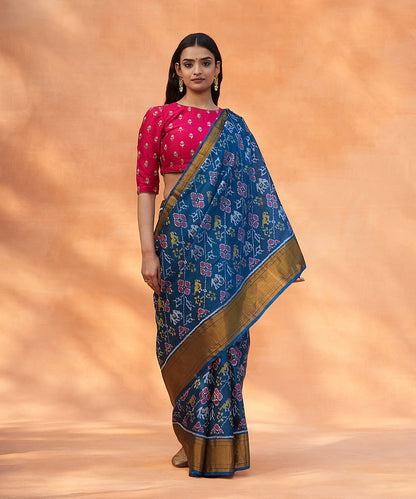 Handloom_Teal_Blue_Pure_Mulberry_Silk_Ikat_Patola_Saree_With_Tissue_Border_WeaverStory_02
