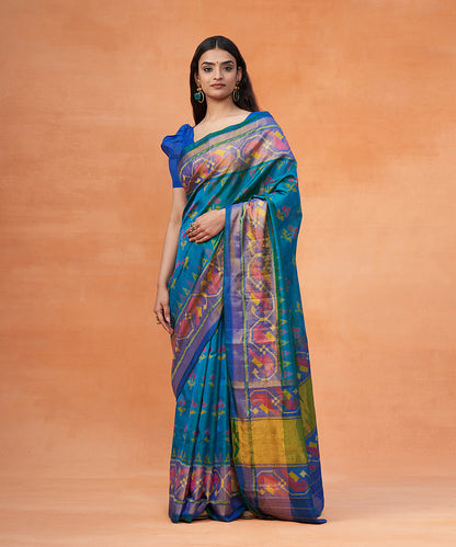 Handloom_Peacock_Blue_Dual_Tone_Pure_Mulberry_Silk_Ikat_Patola_Saree_With_Tissue_Border_WeaverStory_02
