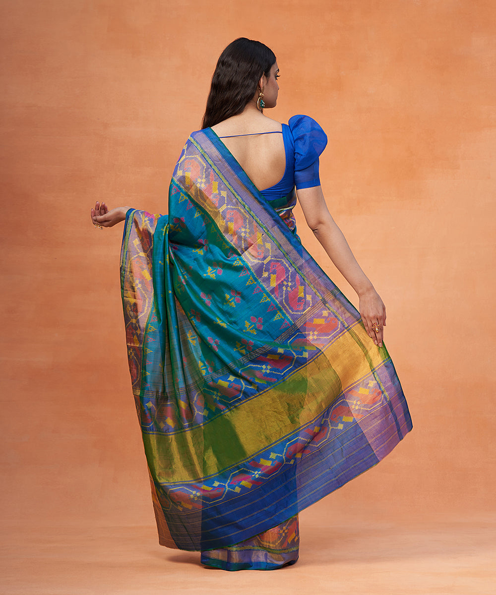 Handloom_Peacock_Blue_Dual_Tone_Pure_Mulberry_Silk_Ikat_Patola_Saree_With_Tissue_Border_WeaverStory_03