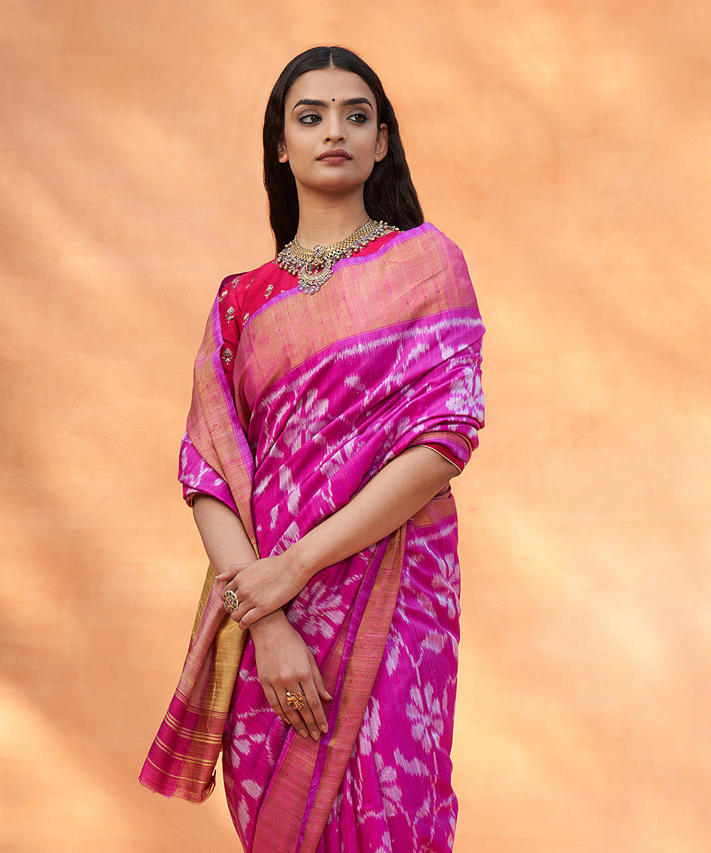 Pink_And_Yellow_Handloom_Pure_Raw_Silk_Ikat_Patola_Saree_With_Zari_Border_WeaverStory_01
