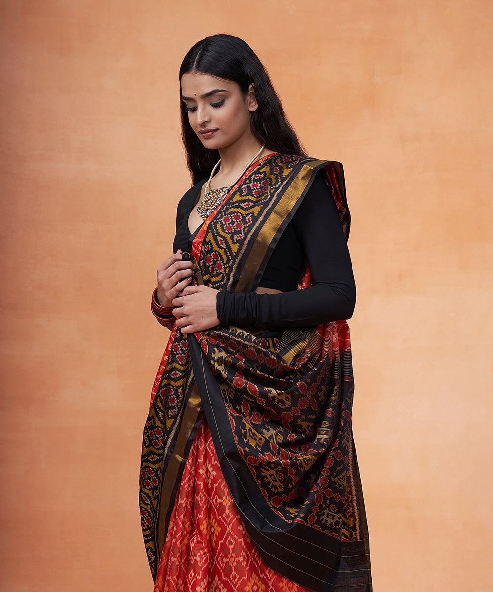 Rust_And_Black_Pure_Mulberry_Silk_Ikat_Patola_Saree_With_Tissue_Border_WeaverStory_01