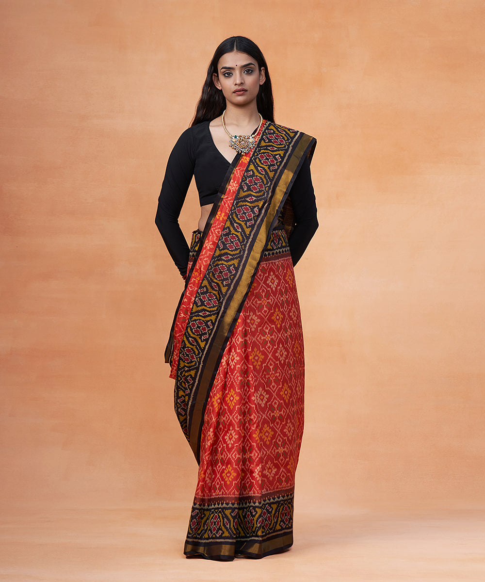 Rust_And_Black_Pure_Mulberry_Silk_Ikat_Patola_Saree_With_Tissue_Border_WeaverStory_02