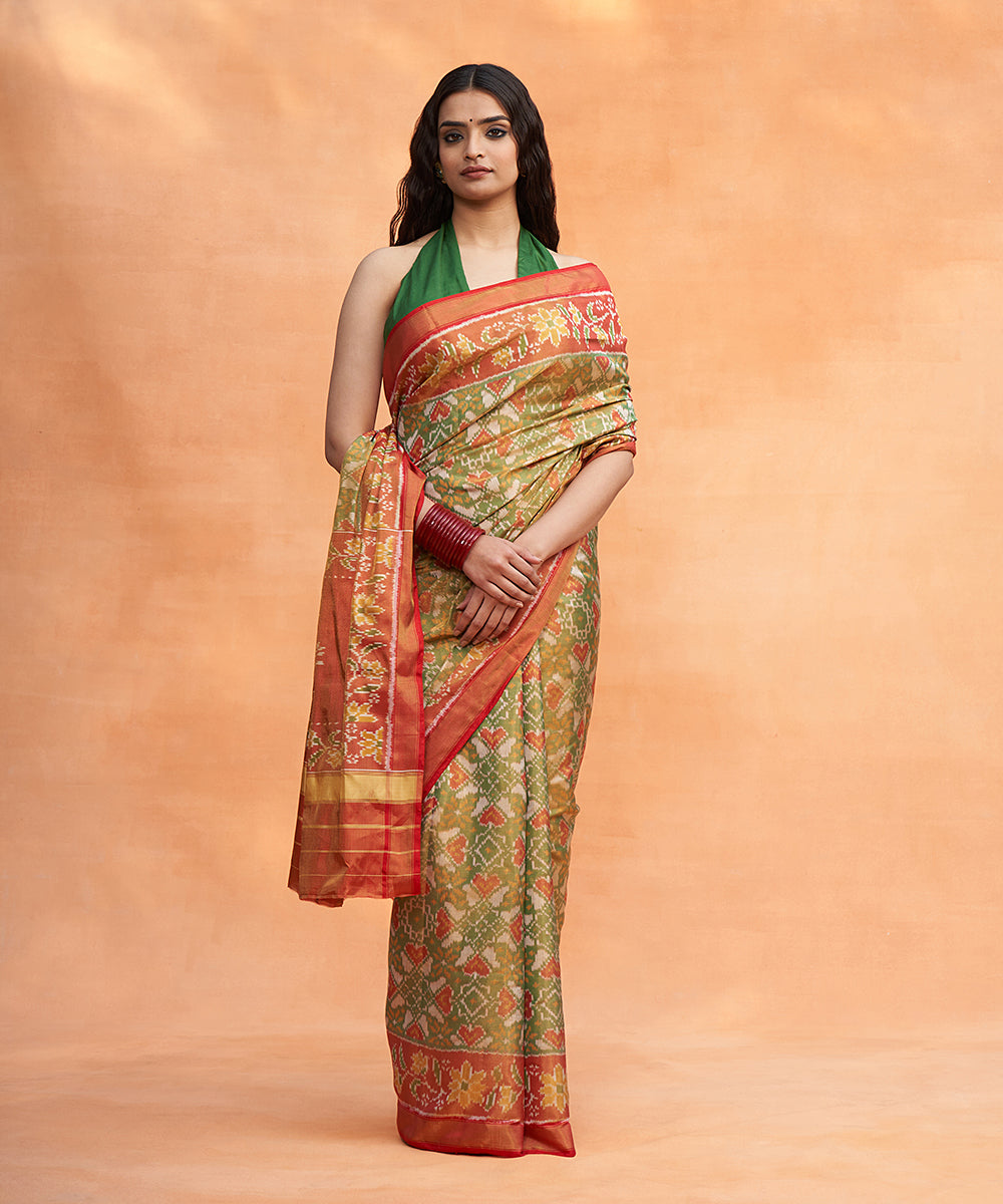 Handloom_Green_And_Rust_Pure_Mulberry_Tissue_Patola_Saree_With_Red_Border_WeaverStory_02