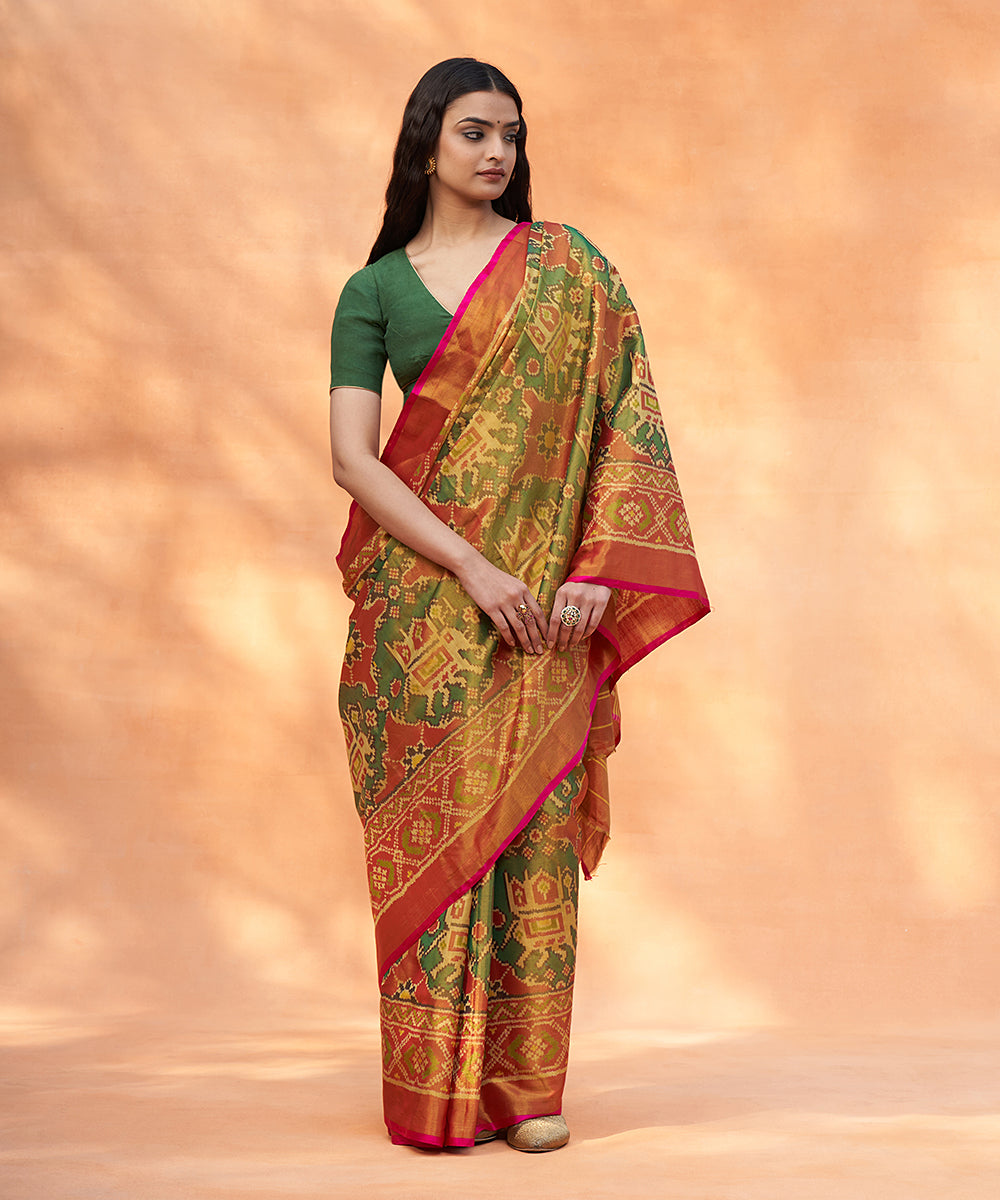 Rust_And_Green_Handloom_Pure_Mulberry_Tissue_Patola_Saree_With_Pink_Border_WeaverStory_02