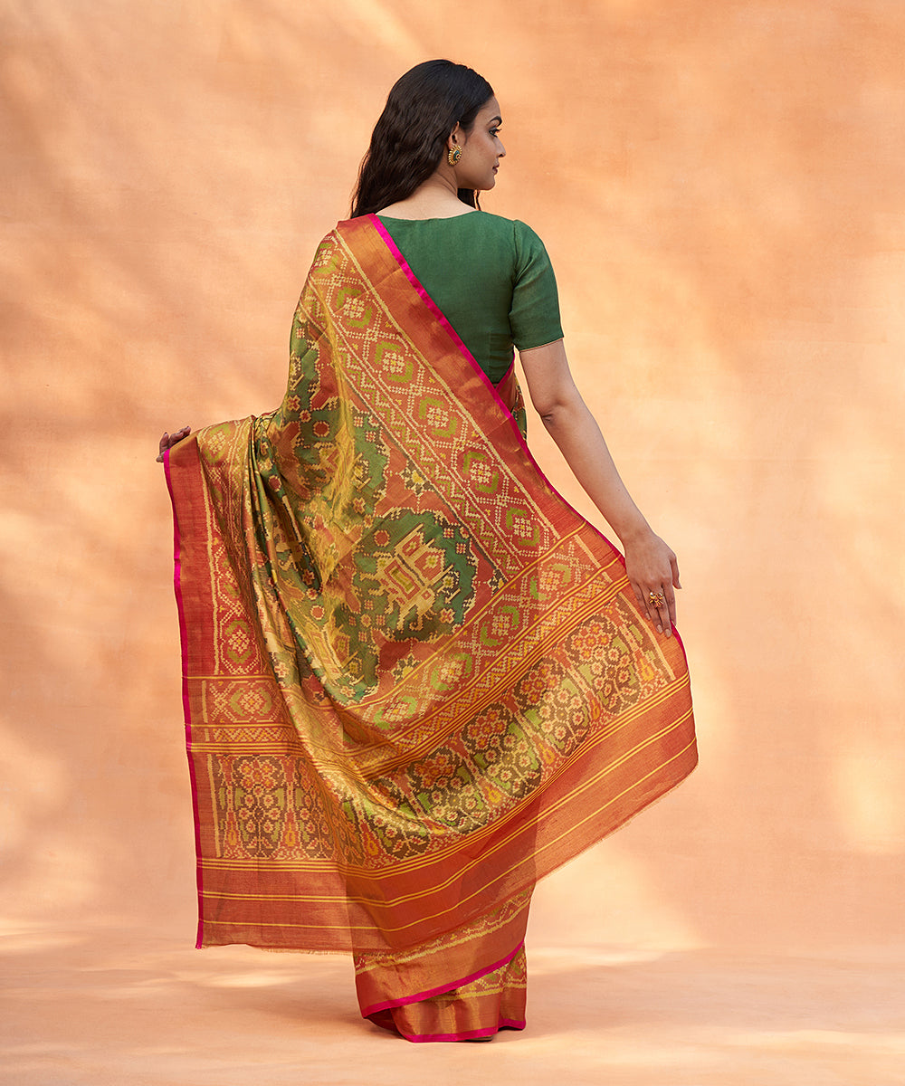 Rust_And_Green_Handloom_Pure_Mulberry_Tissue_Patola_Saree_With_Pink_Border_WeaverStory_03