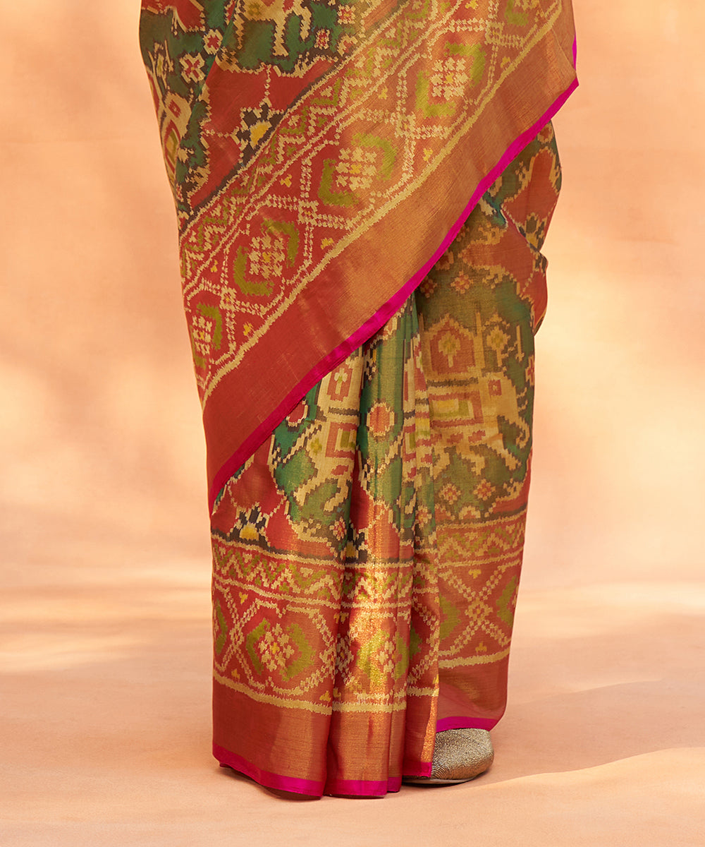 Rust_And_Green_Handloom_Pure_Mulberry_Tissue_Patola_Saree_With_Pink_Border_WeaverStory_04