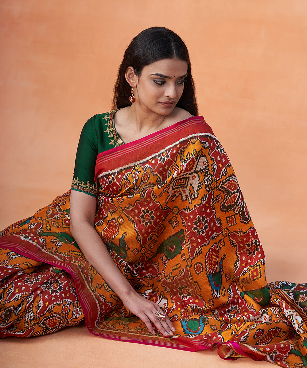 Red_And_Mustard_Pure_Mulberry_Tissue_Ikat_Patola_Saree_With_Parrot_Motifs_WeaverStory_01