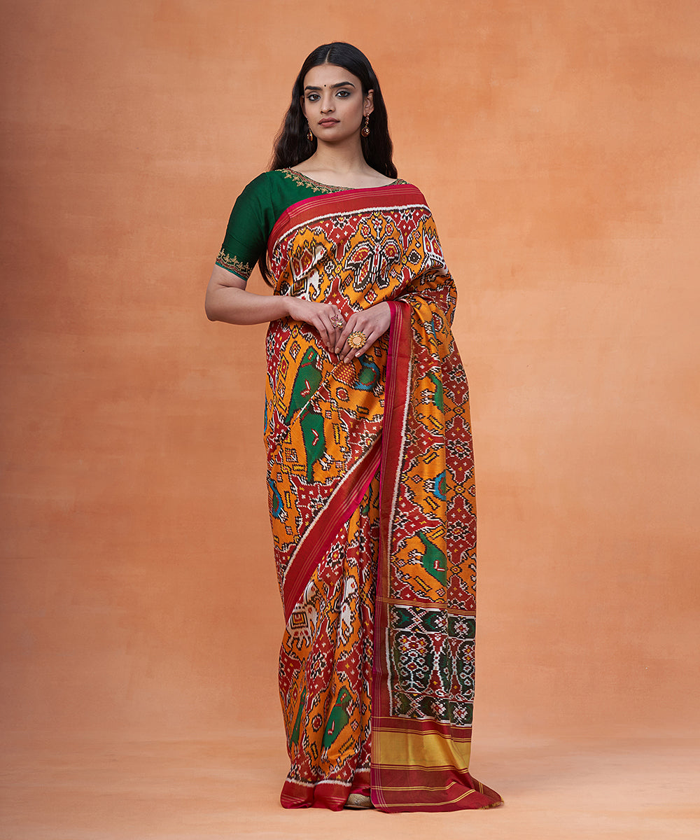 Red_And_Mustard_Pure_Mulberry_Tissue_Ikat_Patola_Saree_With_Parrot_Motifs_WeaverStory_02