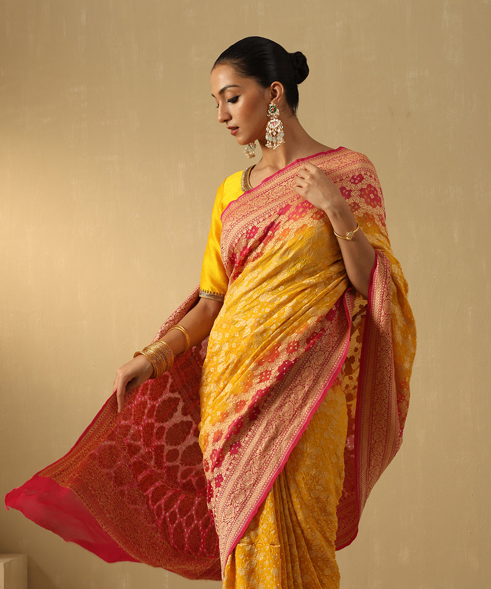 Handloom_Yellow_And_Magenta_Ombre_Dyed_Pure_Georgette_Banarasi_Bandhej_Saree_WeaverStory_01