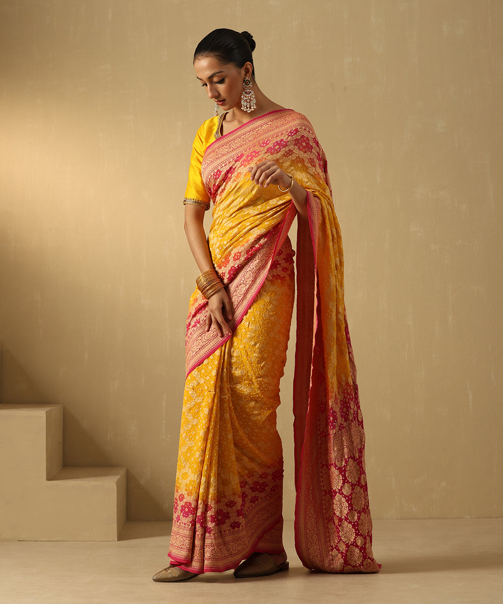 Handloom_Yellow_And_Magenta_Ombre_Dyed_Pure_Georgette_Banarasi_Bandhej_Saree_WeaverStory_02