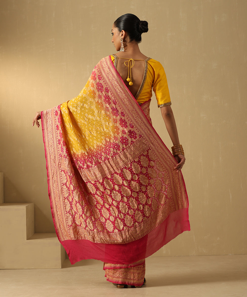 Handloom_Yellow_And_Magenta_Ombre_Dyed_Pure_Georgette_Banarasi_Bandhej_Saree_WeaverStory_03