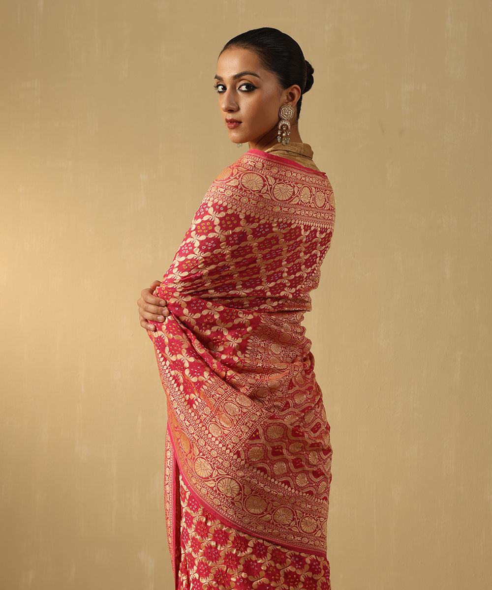 Rose_Pink_Handloom_Pure_Georgette_Banarasi_Bandhej_Saree_With_Cutwork_Weave_WeaverStory_01