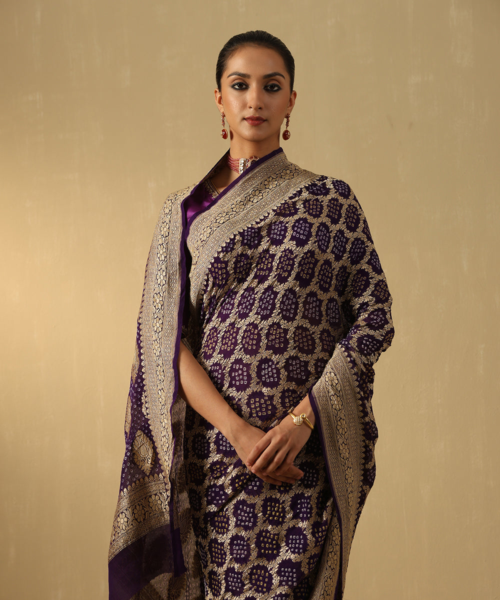Deep_Handloom_Purple_Pure_Georgette_Banarasi_Bandhej_Saree_WeaverStory_01