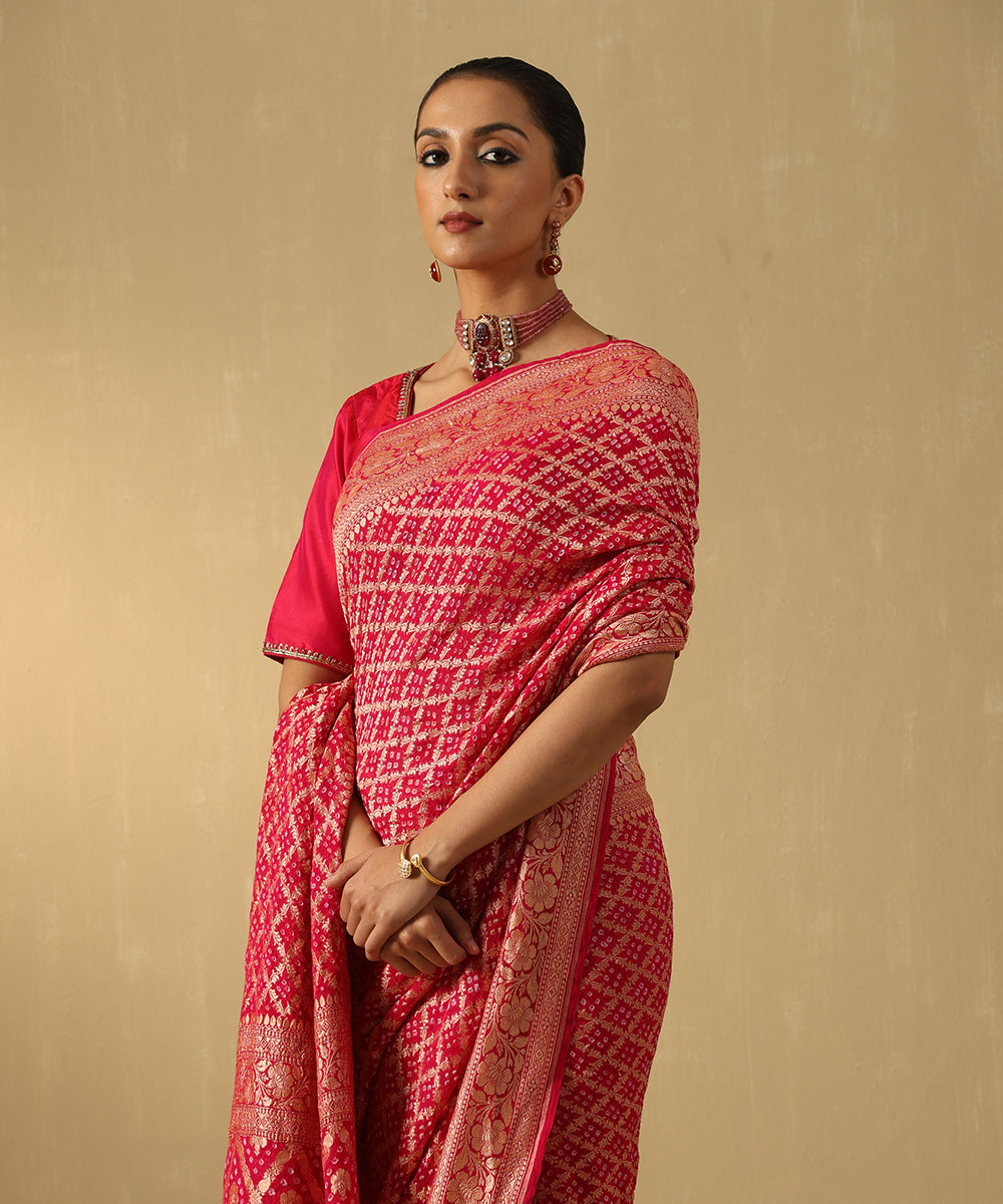 Rani_Pink_Handloom_Pure_Georgette_Banarasi_Bandhej_Saree_WeaverStory_01
