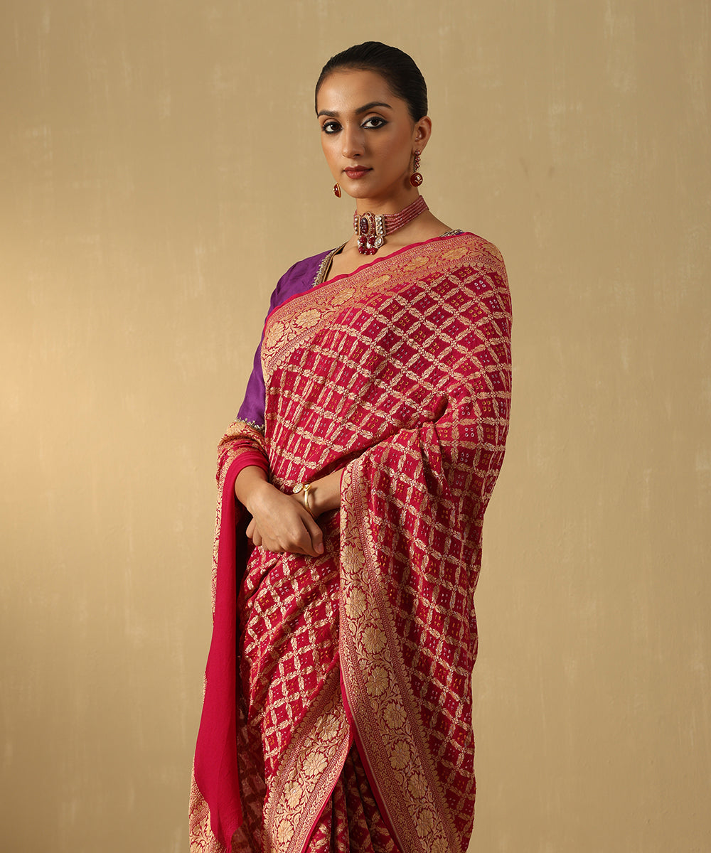 Handloom_Deep_Magenta_Pure_Georgette_Banarasi_Bandhej_Saree_WeaverStory_01