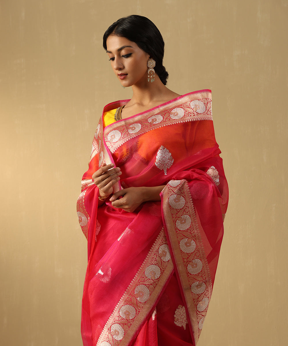 Hot_Pink_Handloom_Pure_Kora_Silk_Banarasi_Saree_With_Sona_Rupa_Booti_WeaverStory_01