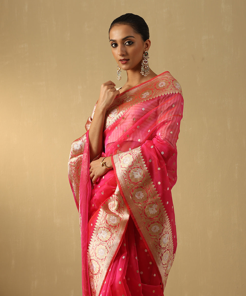 Handloom_Hot_Pink_Pure_Kora_Silk_Banarasi_Saree_With_Sona_Rupa_Booti_And_Floral_Border_WeaverStory_01
