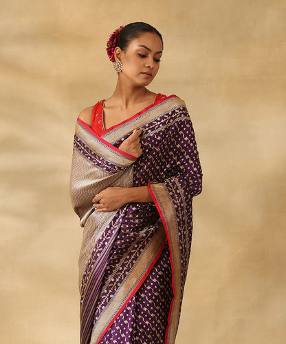 Purple_Handloom_Pure_Katan_Silk_Jamdani_Saree_With_Gold_And_Silver_Zari_And_Pink_Selvedge_WeaverStory_02