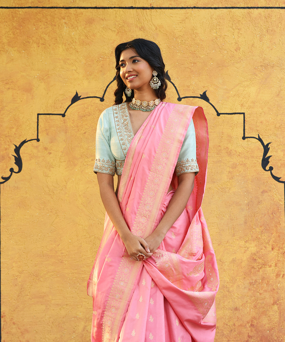 Rose_Pink_Handloom_Pure_Katan_Silk_Banarasi_Saree_With_Kadhwa_Booti_And_Floral_Meenakari_Border_WeaverStory_01