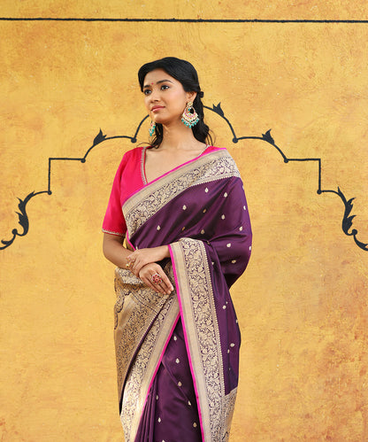 Handloom_Dark_Purple_Pure_Katan_Silk_Banarasi_Saree_With_Kadhwa_Booti_And_Plum_Selvedge_WeaverStory_01