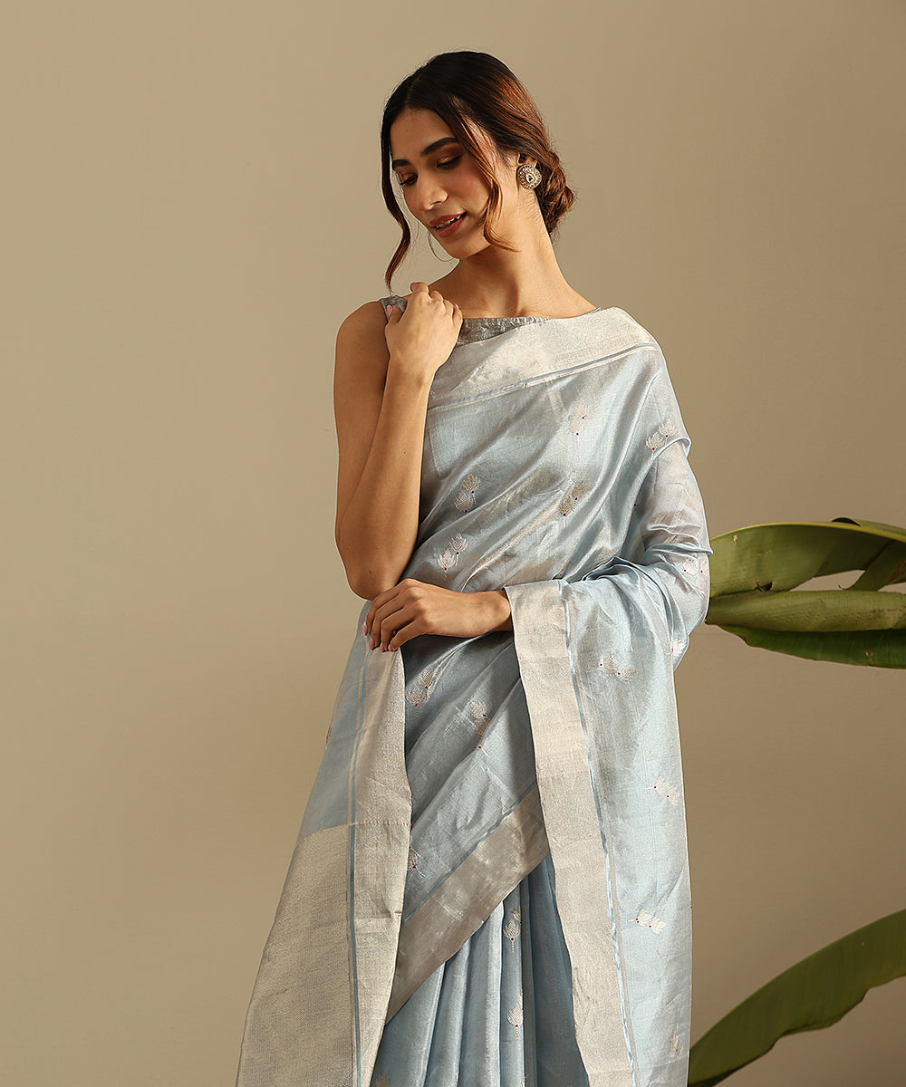 Blue_And_Silver_Zari_Handloom_Pure_Silk_Tissue_Chanderi_Saree_With_Twin_Flower_Motif__WeaverStory_01