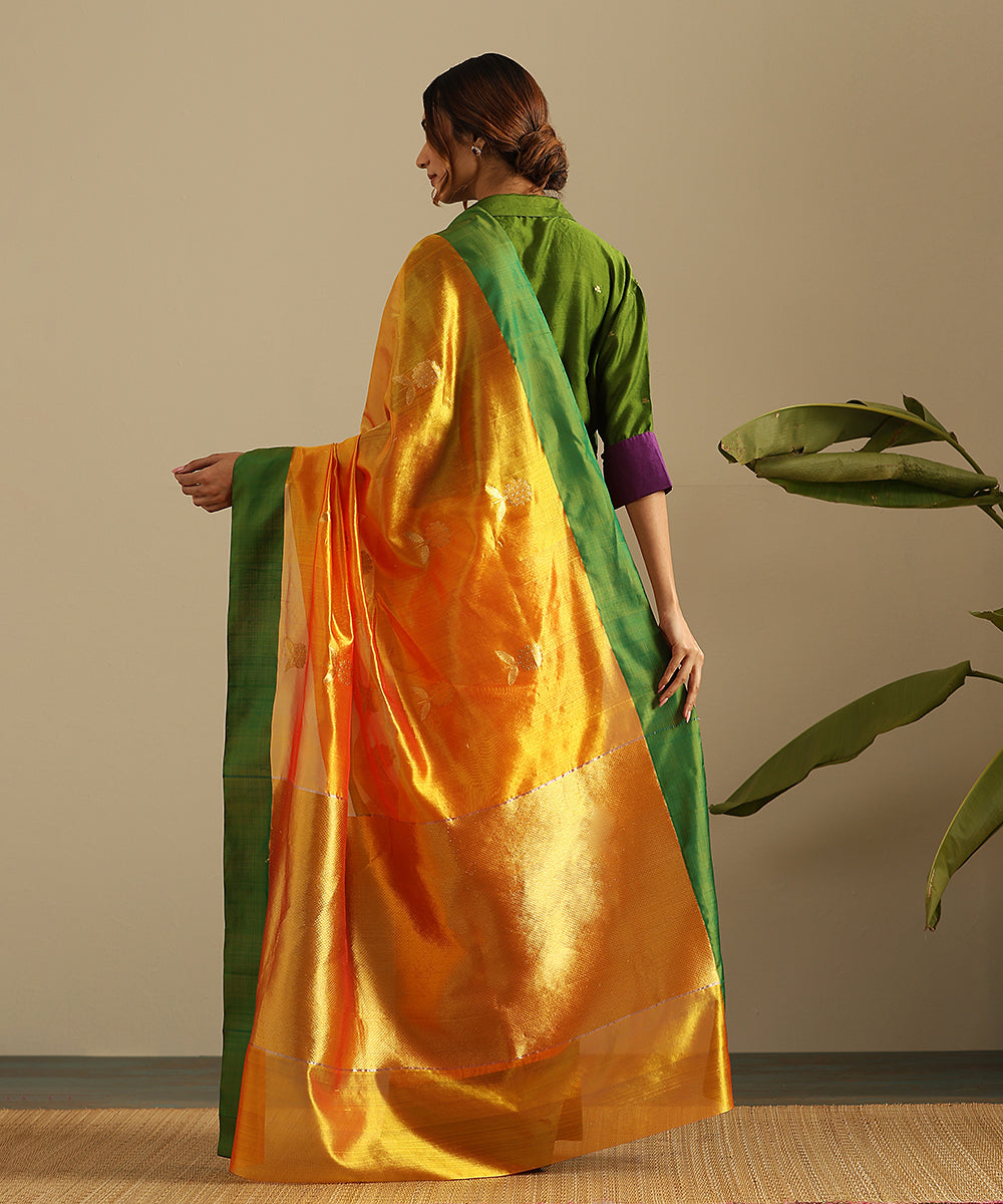 Orange_Handloom_Pure_Silk_Chanderi_Saree_With_Marigold_Boota_And_Green_Border_WeaverStory_03