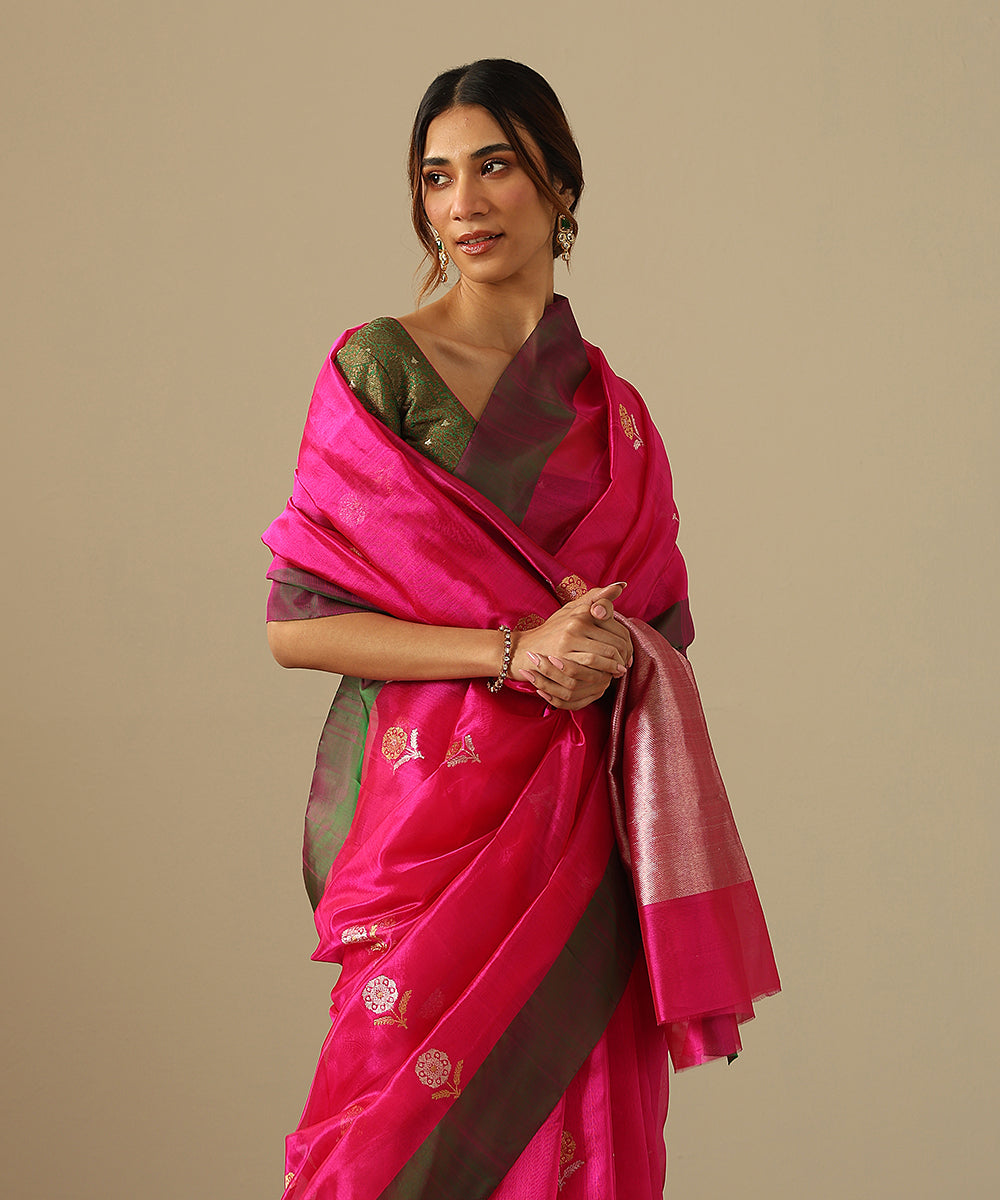 Pink_Handloom_Pure_Silk_Chanderi_Saree_With_Floral_Motif_And_Green_Border_WeaverStory_01