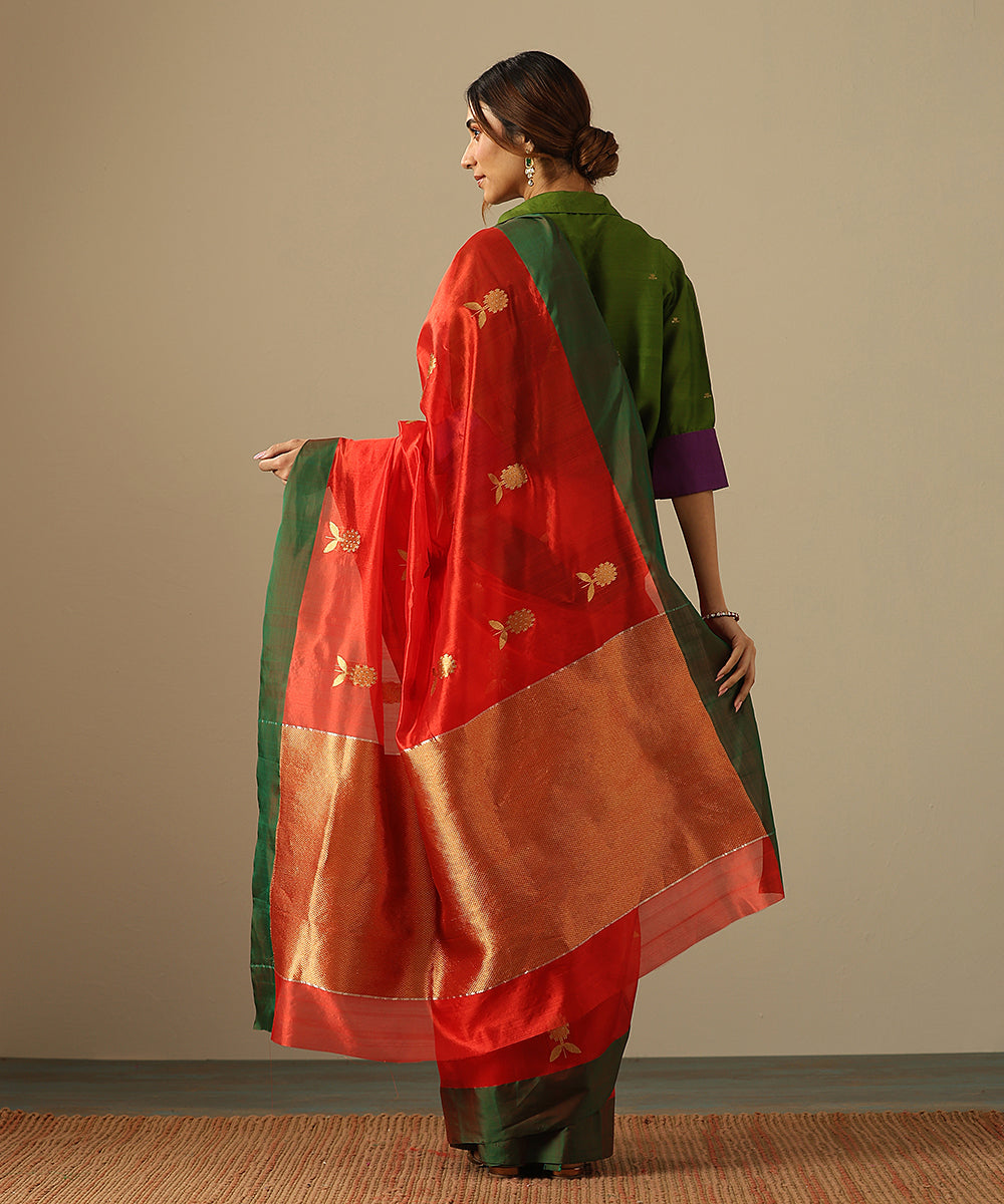 Handloom_Red_Pure_Silk_Chanderi_Saree_With_Marigold_Boota_And_Green_Border_WeaverStory_03