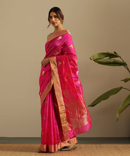 Hot_Pink_Handloom_Pure_Chanderi_Silk_Saree_With_Floral_Motifs_And_Zari_Border_WeaverStory_02