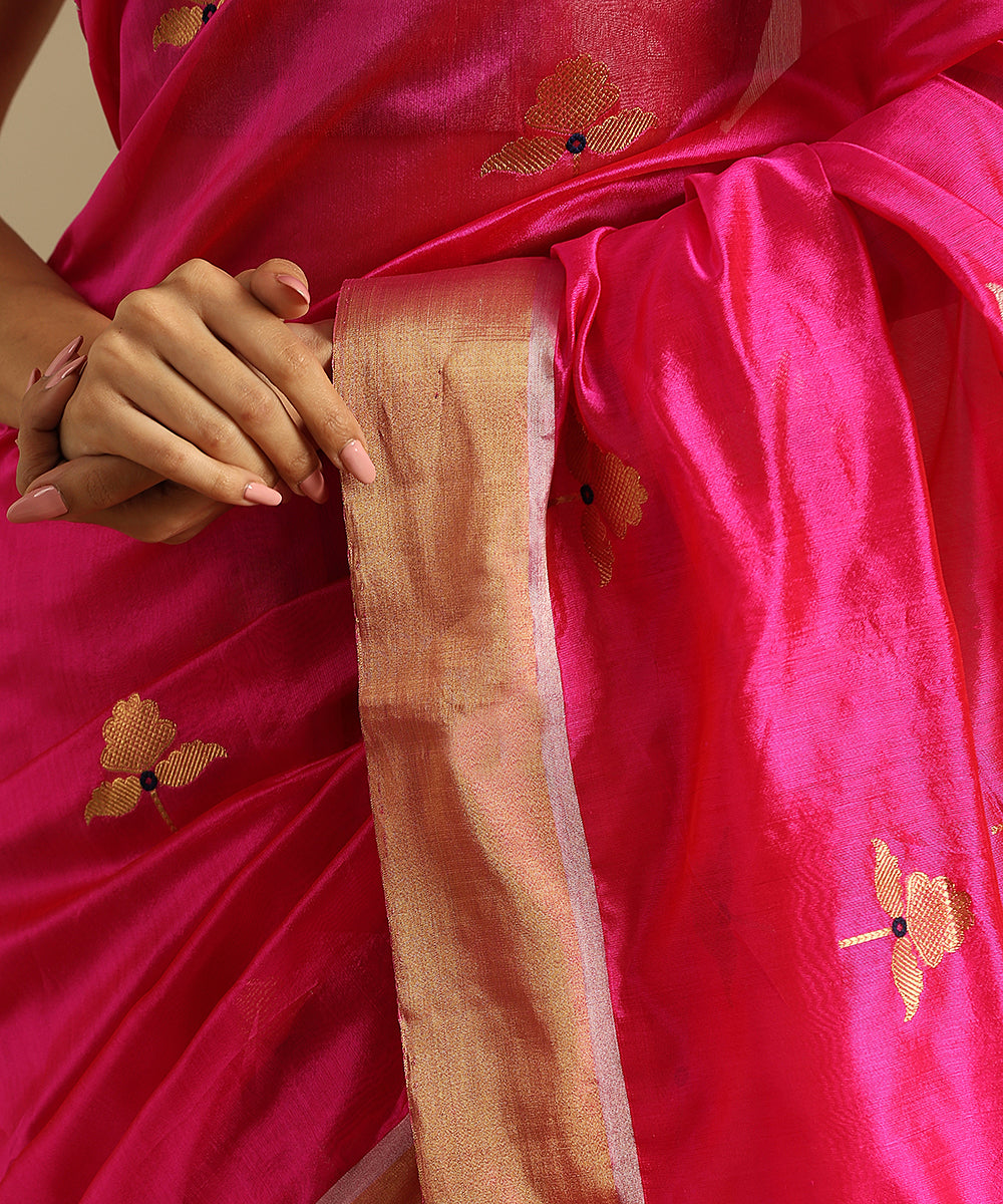 Hot_Pink_Handloom_Pure_Chanderi_Silk_Saree_With_Floral_Motifs_And_Zari_Border_WeaverStory_04