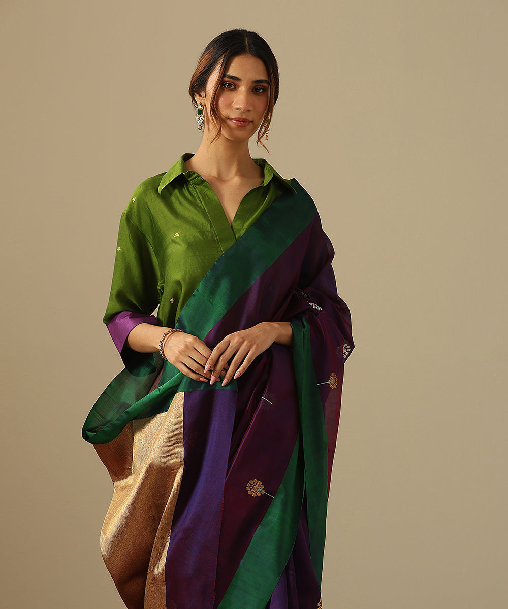 Purple_Handloom_Pure_Silk_Chanderi_Saree_With_Zari_Meenakari_Flowers_And_Green_Border_WeaverStory_01
