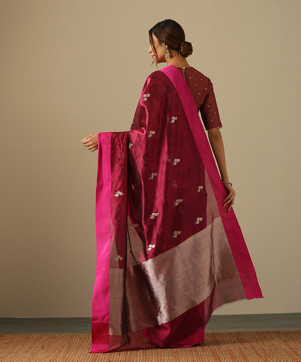 Handloom_Wine_Pure_Silk_Chanderi_Saree_With_Floral_Buds_And_Pink_Border_WeaverStory_03