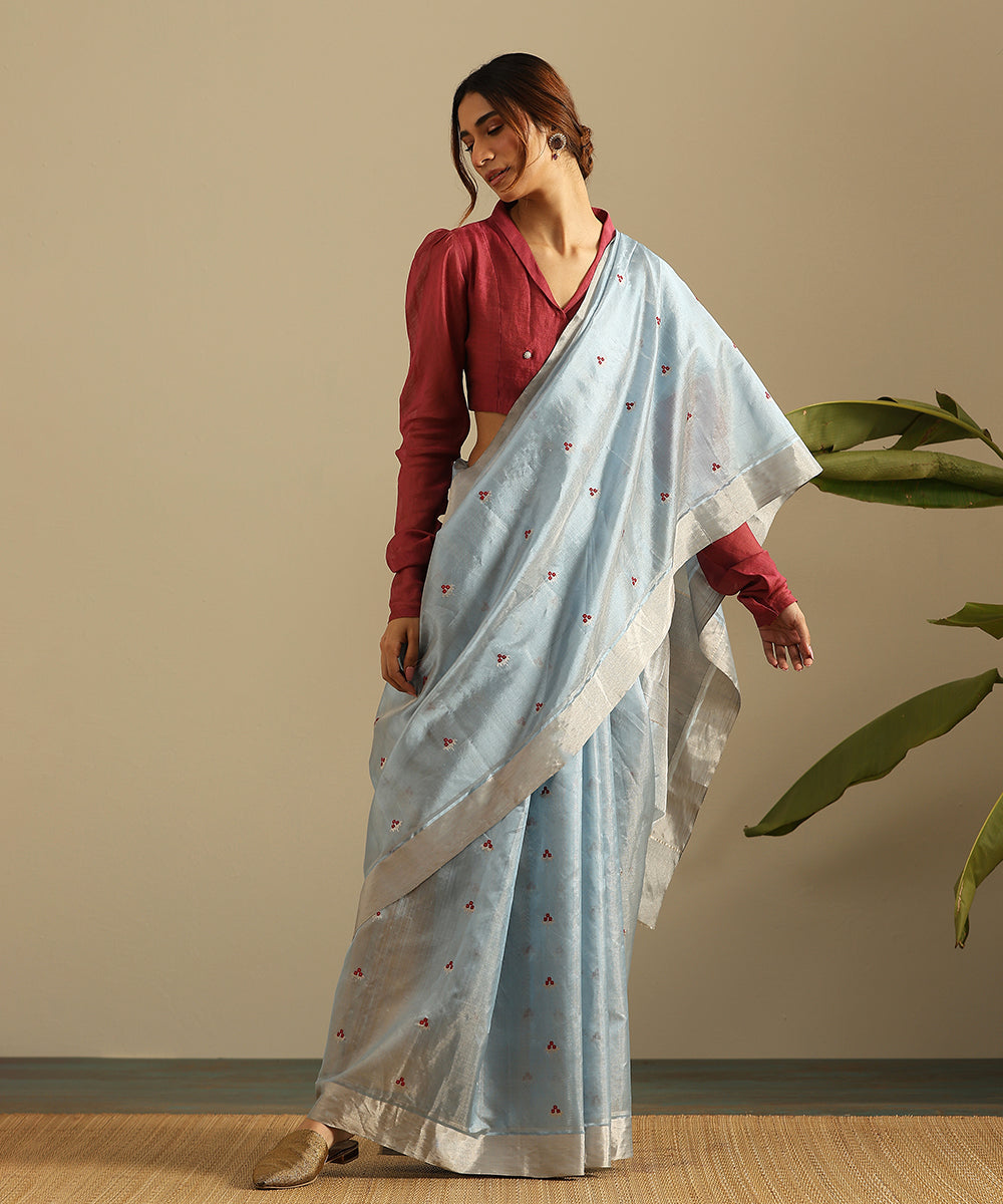 Handloom_Blue_And_Silver_Pure_Tissue_Chanderi_Saree_With_Meenakari_Floral_Booti_WeaverStory_02
