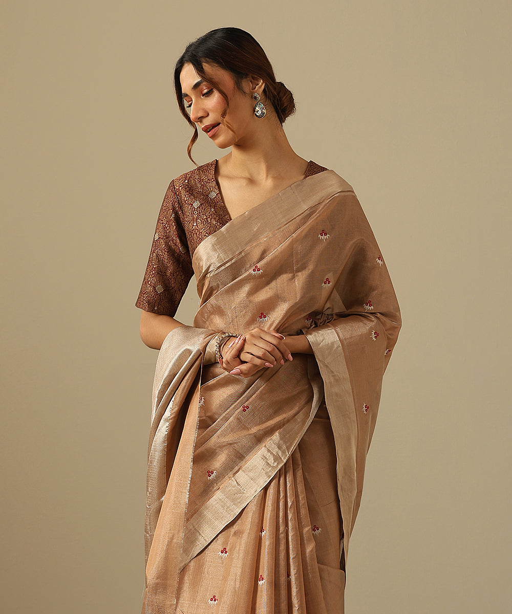 Brown_And_Silver_Handloom_Pure_Silk_Tissue_Chanderi_Saree_With_Meenakari_Floral_Booti_WeaverStory_01