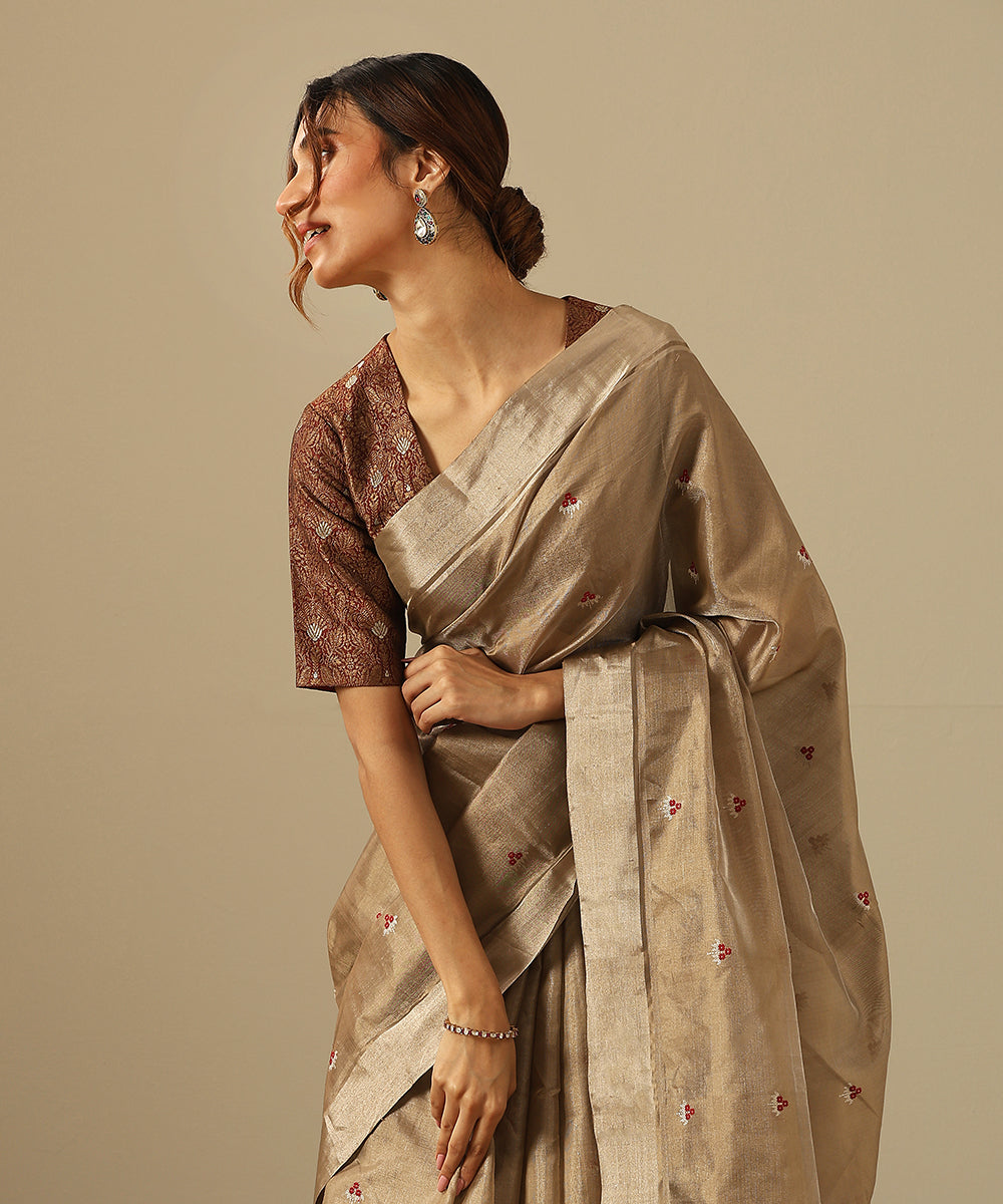 Khaki_And_Silver_Handloom_Pure_Tissue_Chanderi_Saree_With_Meenakari_Floral_Booti_WeaverStory_01