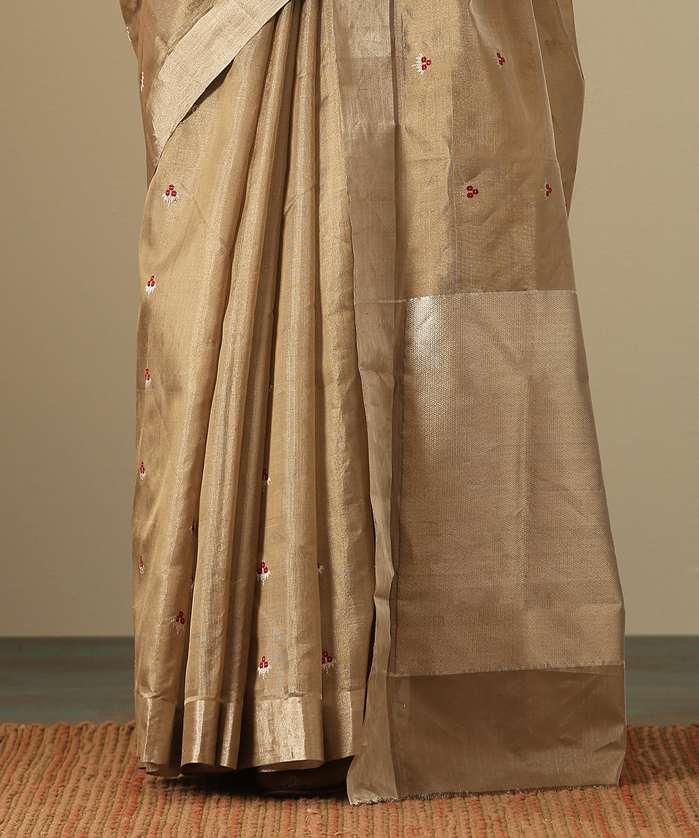 Khaki_And_Silver_Handloom_Pure_Tissue_Chanderi_Saree_With_Meenakari_Floral_Booti_WeaverStory_05