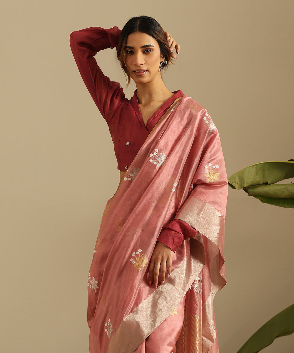 Rose_Pink_Handloom_Pure_Silk_Chanderi_Saree_With_Grey_Flowers_And_Gold_And_Silver_Zari_Border_WeaverStory_01
